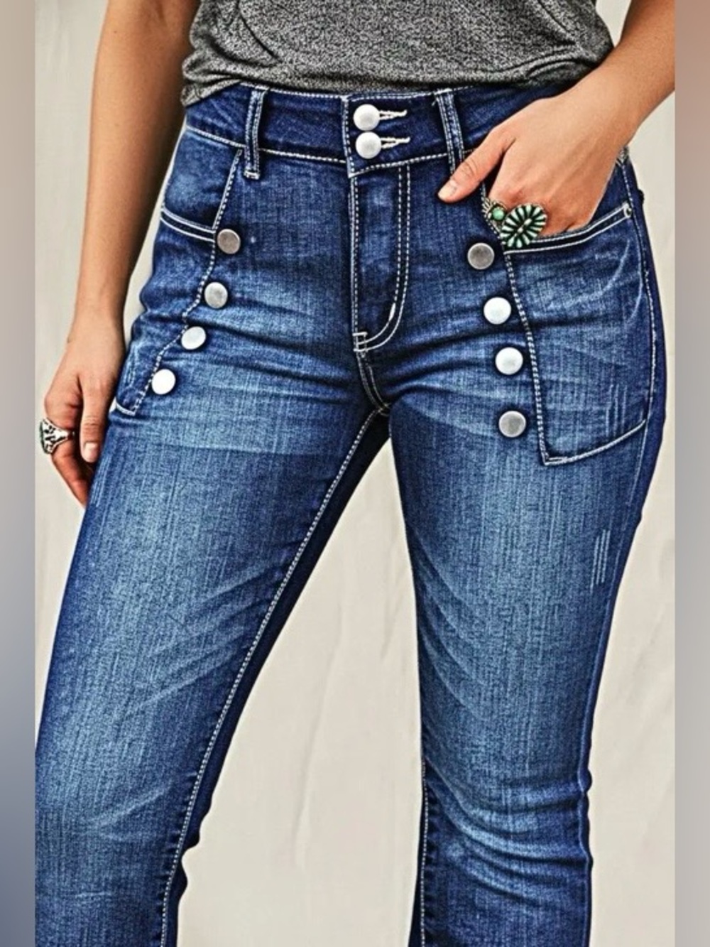 Flamingals Wash Sailor Button Patch Pocket Mid Rise Bootcut Jeans - Picture 3 of 10